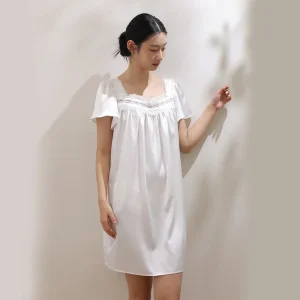 19MM 100% Mulberry Silk Nightgown Women Square Neck Lace Trim Short Sleeve Satin Sleep Dress Loose Casual White Nightwear Pajama - AliExpress Women's Sleep & Lounge