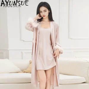 AYUNSUE 100% Real Mulberry Silk Robe Women Nightgown Lace-up Spring Morning Robes 19MM Silk Women's Home Clothes Down Splicing - AliExpress Women's Sleep & Lounge