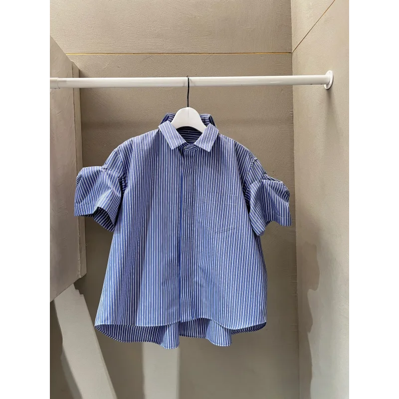 Japanese Style Loose Fit Striped Shirt Casual Short Sleeve Turn-down Collar Women's All-matching Spring Summer FOG SACAI - AliExpress Shirts & Blouses