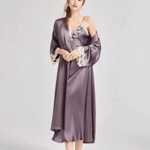 19Momme 100% Mulberry Silk Lace Trim Long Robe with Nightgown Sleepwear Set Women's Sexy Maxi Bathrobe & Nightgown for Spring PJ - AliExpress Women's Sleep & Lounge