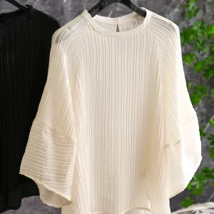 Elegant Silken Lantern Sleeve Shirt Smooth Texture Commute Style Women's Loose Fit round Neck Top Seven Quarter Length Silk T... - AliExpress Shirts & Blouses