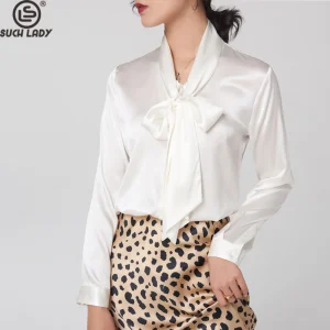 93% Silk 7% Spandex Women's Shirt Lace Up Bow Collar Long Sleeves Elegant Fashion Blouse Tops - AliExpress Shirts & Blouses