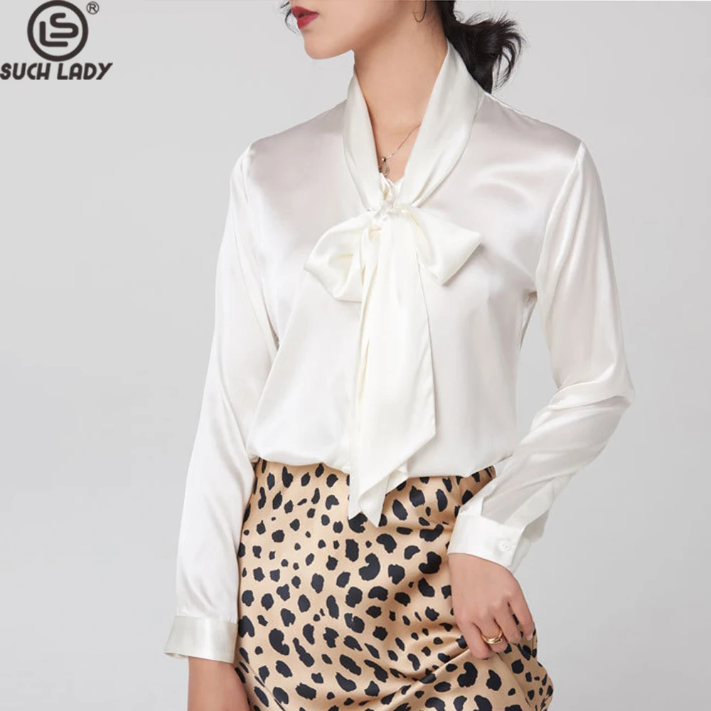 93% Silk 7% Spandex Women's Shirt Lace Up Bow Collar Long Sleeves Elegant Fashion Blouse Tops - AliExpress Shirts & Blouses