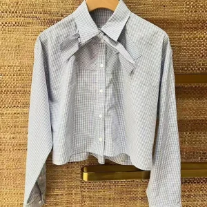 Ele Women's Plaid irt Casual Knot Collar ort Sve Long irt Autumn 2025 Faion Commute Sle  Knot Design - AliExpress Shirts & Blouses