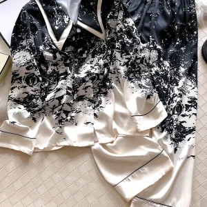 New Black White Printed Pajamas Women's Thin Edition High end 100% Silkworm Silk Home Clothes Long Sleeve Set - AliExpress Women's Sleep & Lounge