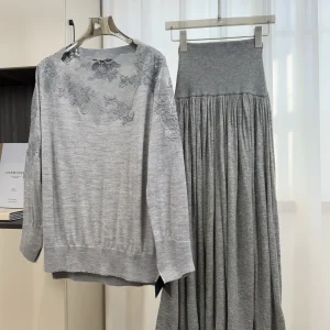 Spring 2026 Women Wool Knitted Set Hook Flower Hollow Long Sleeve Sweater + High Waist A-Line Pleated Skirt Elegant Ladies Suit - AliExpress Sweaters&Jumpers