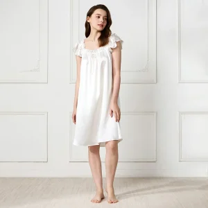Women 100% Pure Mulberry Silk Nightdress Elegant Ruffle Trim Pajama Dress Square Neck Soft Satin Loose Nightgown For Sleepwear - AliExpress Women's Sleep & Lounge