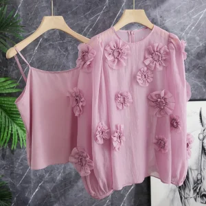 Pink Tulip 3D Embroidery Silk irt Women's Strap Two-Piece Set Commute Sle round Ne Long Sve Straight Cut Polyester F... - AliExpress Shirts & Blouses