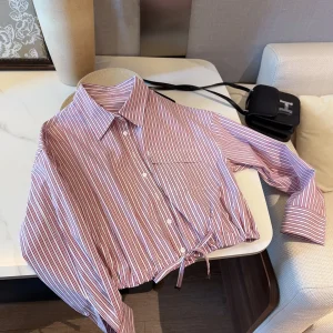 Spring New Style Women's Cotton Stripe Shirt Coat Casual Loose Fit Long Sleeve Drawstring Hem Classic Red White Stripes Top - AliExpress Shirts & Blouses