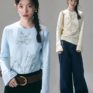 Long Sve T-irt Floral Mage Embroidered Lace Hollow out Bird Lily Flower Patchwork Breathable Casual Fit Women's Top - AliExpress Shirts & Blouses