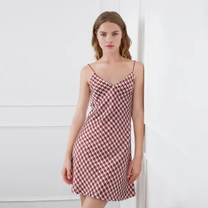 Houndstooth Print 100% Natural Silk Short Sleep Dress Women's Sexy V-Neck Camisole Nightgown Satin Pajamas Chemise Loungewear - AliExpress Women's Sleep & Lounge