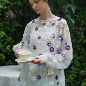 Spring Summer Women Purple Three-Dimensional Scale Flower Handmade Clothing Loose Luxury Bathrobe Fairy Top Blouse/Shirts - AliExpress Shirts & Blouses