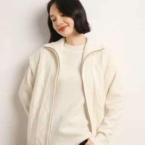 Women's Fashion Casual Loose Zippered Cardigan Sleeveless 100% Cashmere Sweater Autumn Winter Warm Cable Stitch Clothing Tops - AliExpress Sweaters&Jumpers