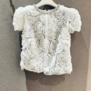 Early Autumn Rose Bud Lace Shirt Short Sleeve Diamond Decorated Collar Women's White See-through Floral T-shirt Sweet Style B... - AliExpress Shirts & Blouses