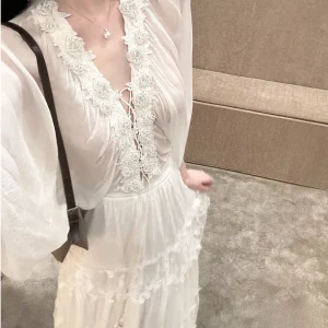 Syqiao Summer Long Sleeve Silk Lace Embroidery Shirt Women's Elegant Loose Fit V-Neck Button-Up Top Gentle And Feminine - AliExpress Shirts & Blouses