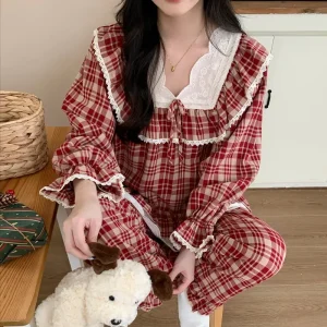 Wholesale Korean Style Long Sleeved Plaid Cotton Pajamas  Romantic V Neck  Cute Lotus Leaf Edges  Spring Autumn 2 Piece XL  Size - AliExpress Women's Sleep & Lounge