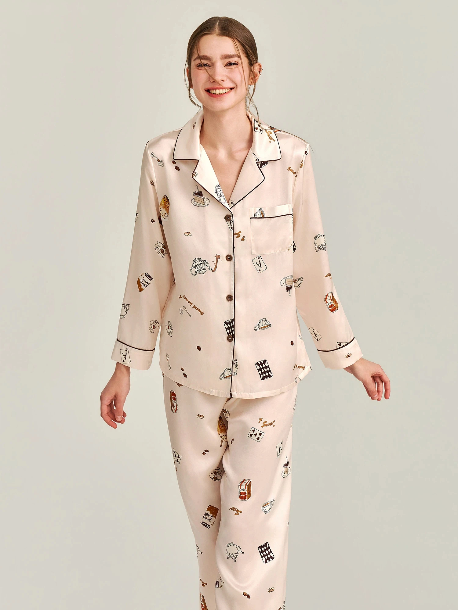 22MM 100 Real Silk Women Pajama Two Piece Set Cute Print Lapel Long Sleeve Shirt Pants Luxury Sleepwear Casual Home Nightwear PJ - AliExpress Women's Sleep & Lounge