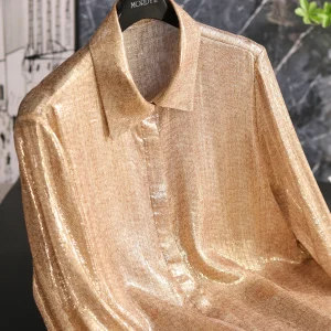 Shiny Gold Wrapping Silk Long Sleeve Shirt Women's Straight Cut Original Design Breathable Thin Pure Color Chinese Style Top - AliExpress Shirts & Blouses