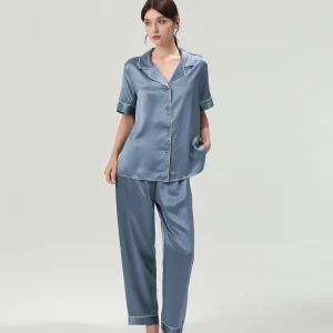 19MM 100% Mulberry Silk Short-sleeved Trousers Two Piece Set Woman's Pajama Nightwear Autumn Solid Color Cardigan Pijamas Nighty - AliExpress Women's Sleep & Lounge