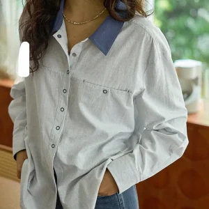 Heidd Loose Long Sleeve Collared Shirt Spring 2026 Early Design Sensation Patchwork Color Casual Style Women's Cotton Blend - AliExpress Shirts & Blouses