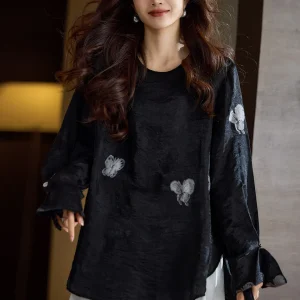 Elegant Black Embroidered Chiffon Shirt Women's Traditional Chinese Style Long Sleeve 2026 Early Autumn plus Size New Top - AliExpress Shirts & Blouses