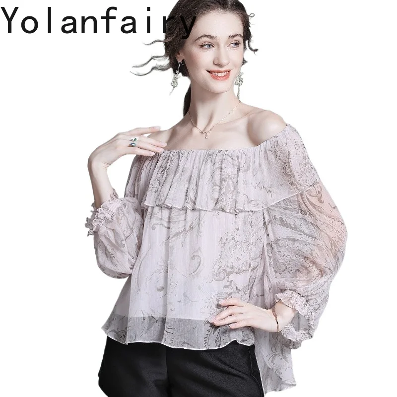 YOLANFAIRY Luxury 100%Real Mulberry Silk Shirts Woman Summer Printed Slash Neck Chic Blouse Elegant Women Top Ruffled Tshirt - AliExpress Shirts & Blouses