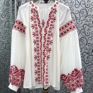 Milan Small Town Special Offer High Version Love Good Old Red Flower Embroidery V-neck Belted Long Sleeve Women's Shirt - AliExpress Shirts & Blouses