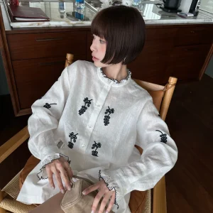 Monkey Studio Spring Summer New Arrival Women's Linen Shirt Embroidered Heavy Work Stand Collar Breathable Comfortable Long S... - AliExpress Shirts & Blouses