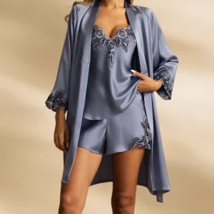 Women 100% Silk 3Pcs Pajamas Set Elegant Floral Lace Robe Camisole Shorts Sleepwear Sexy Nightdress Wedding Bridal Loungewear PJ - AliExpress Women's Sleep & Lounge