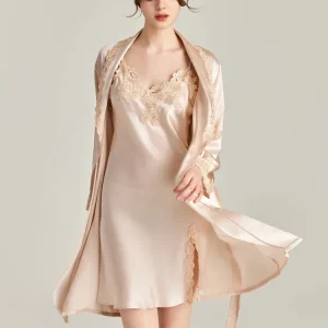 French Style 100% Mulberry Silk Slip Dress Robe Sleep Set Lace Trim Lapel Bathrobe with Split Sling Nightgown Loungerwear Pijama - AliExpress Women's Sleep & Lounge