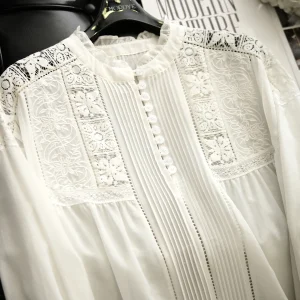 Parisian Dream Heavy Embroidery Lace Collar Bell Sleeve White Shirt Women's Top Original Design Cotton Long Sleeve Stand Collar - AliExpress Shirts & Blouses