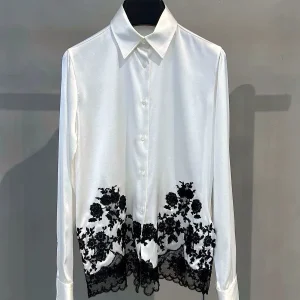 High Quality Silk Satin Women's Blouses And Shirts Fashion Patchwork Black Lace Embroidered Tops Elegant Ladies White Shirt - AliExpress Shirts & Blouses