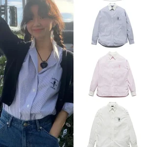 Loose Long Sleeve Women's Shirt Embroidered Stripes Korean Style Spring Summer New Arrival Button up Cotton Pure Comfort - AliExpress Shirts & Blouses
