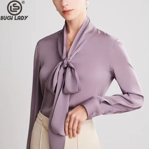 90% Natural Real Silk 10% Spandex Women's Shirt Lace up Bow Collar Long Sleeves Elegant Fashion Blouse Tops - AliExpress Shirts & Blouses