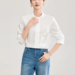 Elegant Long Sleeve Embroidered  Cotton Shirt Women's Loose Commute Shirt White Pearl Beads Decorated Simple Style Spri... - AliExpress Shirts & Blouses