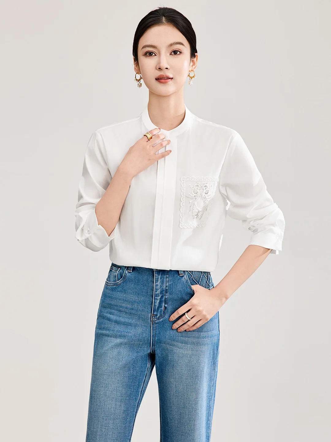 Elegant Long Sleeve Embroidered Cotton Shirt Women's Loose Commute Shirt White Pearl Beads Decorated Simple Style Spri... - AliExpress Shirts & Blouses
