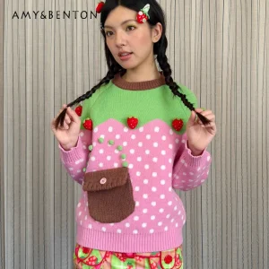 Original Design Fruit Polka Dot Splicing Pocket Playful Women's Sweater Autumn Winter New Sweet Cute Versatile Pullover Ladies - AliExpress Sweaters&Jumpers