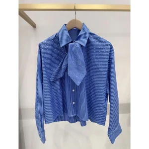 Spring 2026 New MJ Fashion Striped Shape Diamond Embellished Tie Shirt Top Women's Business Casual Breathable Long Sleeve Blouse - AliExpress Shirts & Blouses