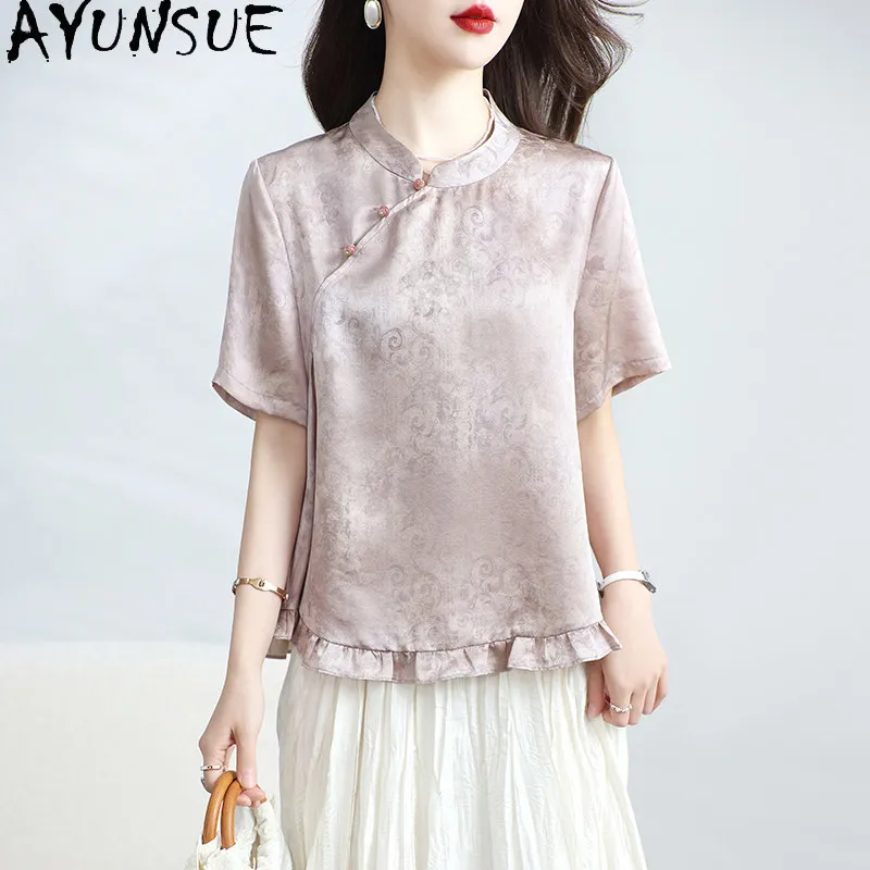 AYUNSUE 100% Real Mulberry Silk Shirt Elegant Blouses for Women Summer Clothes Vintage Jacquard Womens Tops Blusas De Mujer - AliExpress Shirts & Blouses