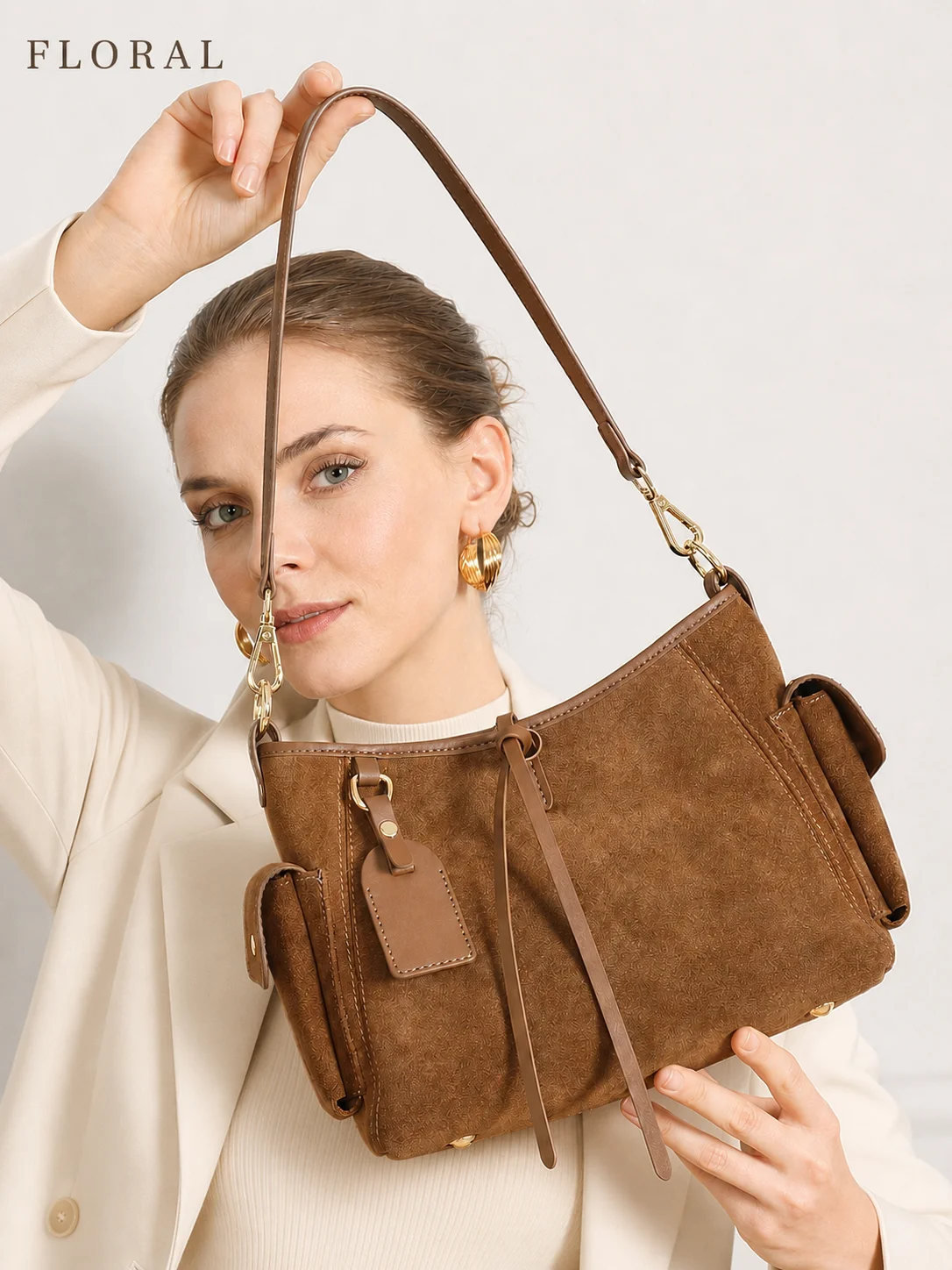 FLORAL Genuine Leather Bag for Women Brown Cowhide Suede Shoulder Bag Large Capacity Hobo Purse with Side Pockets for Travel - AliExpress Women's Handbags
