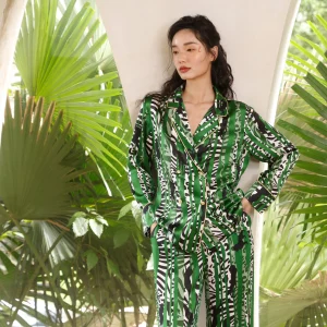 19MM 100% Mulberry Silk Pajama Set Women Green Jungle Print Lapel Long Sleeve Shirt Pants Luxury Loungewear Breathable Nightwear - AliExpress Women's Sleep & Lounge