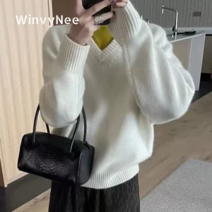 WinvyNee Women's Cashmere Wool Gray Long Sleeve Solid Loose V Neck Thick Pullovers Knitted Tops Winter Clothing Plus A1724005 - AliExpress Sweaters&Jumpers