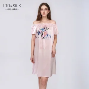 Printed 100% Mulberry Silk Chemise Nightgown Homewear Round Neck Loose Sleepdress Nightwear Short-Sleeved Pajama Nightdress PJS - AliExpress Women's Sleep & Lounge