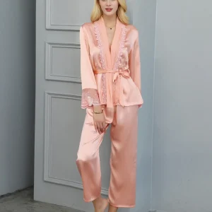 Embroidered Lace 100% Mulberry Silk Kimono Pajama 2 Piece Women Spring Nightwear Long Sleeve Trousers Belted Pajamas Loungewear - AliExpress Women's Sleep & Lounge