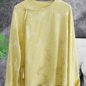 New Chinese Style Silk Shirt with Embossed Floral Pattern And Sash Long Sleeve round Neck Commute Straight Cut Women's Top - AliExpress Shirts & Blouses