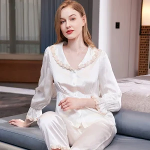 Women's Heavyweight 100% Mulberry Silk Pajama Set Lace Long Sleeve Tops and Pants Designer Cardigan Pijamas Homewear Lounge Set - AliExpress Women's Sleep & Lounge