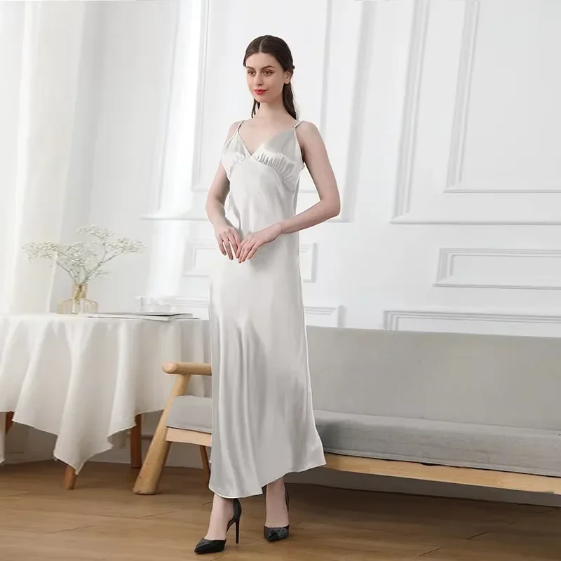 Women 100% Silk Slip Dress Solid V Neck Maxi Dresses Spaghetti Strap Nightress Bottoming Skirt Sexy Sleepdress Nightwear Pajamas - AliExpress Women's Sleep & Lounge