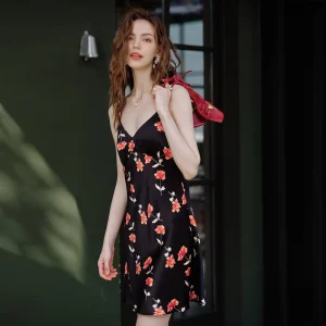 Printed 100% Mulberry Silk Camisole Nightgown Women's Summer V-Neck Nightdress with Bra Sexy Vacation Dress Pajamas Loungewear - AliExpress Women's Sleep & Lounge