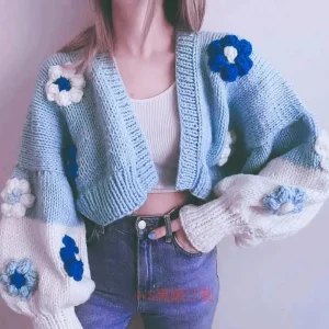 Light Blue Mohair Cardigan Sweater, Short Coat Tops, Big Flower Hook Flower, Bubble Sleeves, Knitwear, Spot, 2024 Autumn - AliExpress Sweaters&Jumpers