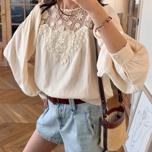 Ele Lace Hollow out Cotton Blend irt Women's Overhead Sle Embroidered Floral Design Breathable Comfortable Long Sve - AliExpress Shirts & Blouses